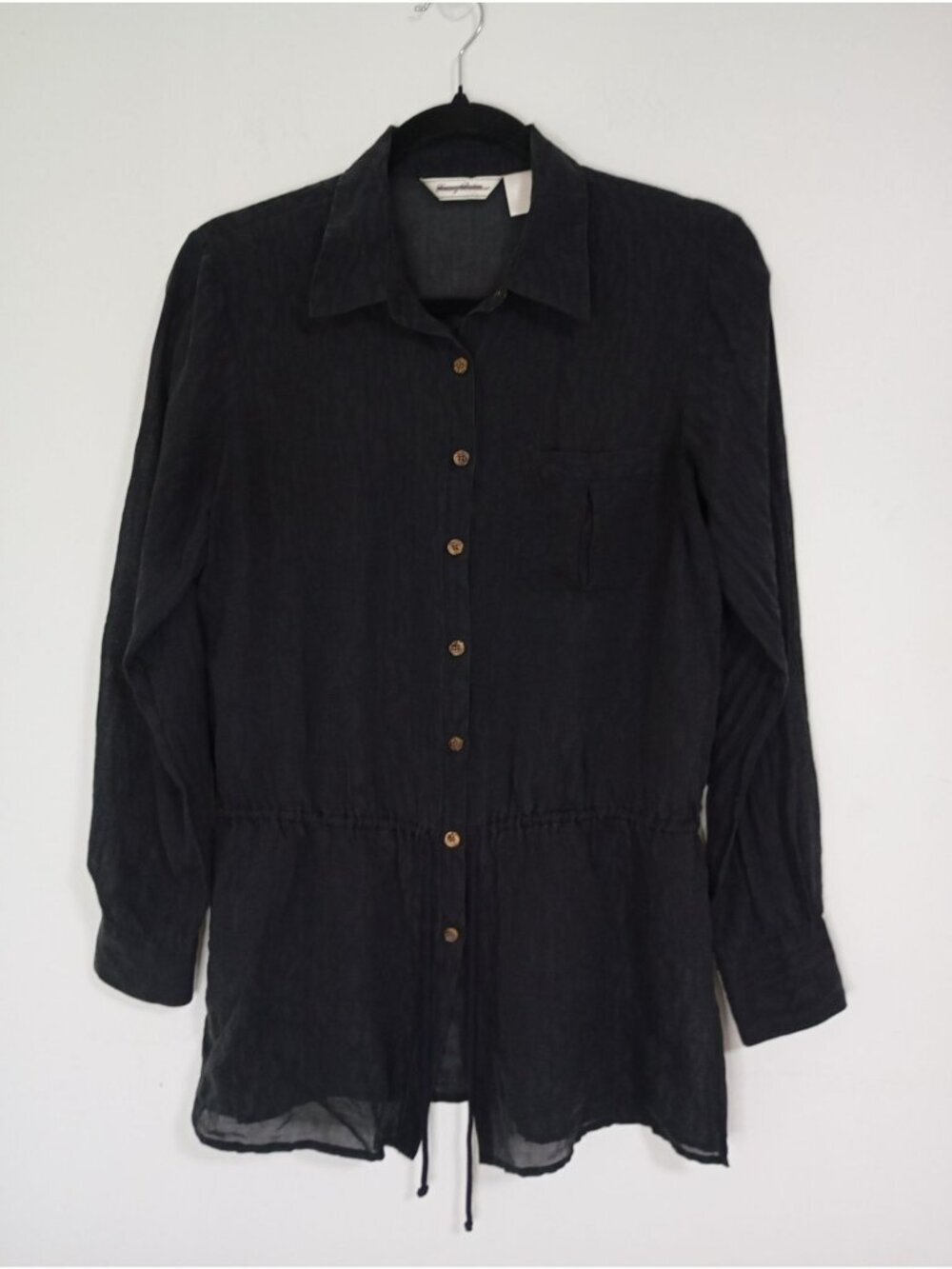 Tommy Bahama Womens Black Button-Down Blouse Drawstring Silk And Wool Blend Sz M